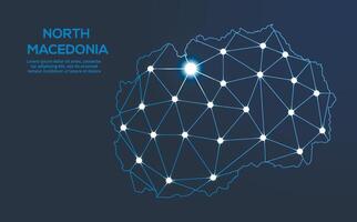 norte Macedônia comunicação rede mapa. baixo poli imagem do uma global mapa com luzes dentro a Formato do cidades. mapa dentro a Formato do uma constelação, mudo e estrelas vetor