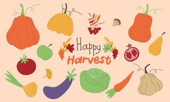 feliz colheita. conjunto do outono folhas, legumes e frutas. bandeira com inscrição, fundo com folhas e colheita. plano estilo desenhos. cor ilustração. vetor