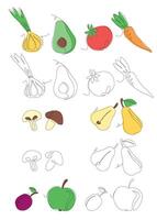 frutas e legumes dentro contínuo linha arte desenhando estilo. minimalista Preto linear esboço e cor opções isolado em branco fundo. ilustração vetor
