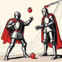 dois cavaleiros brigando e vestindo medieval armaduras gravado linha vetor