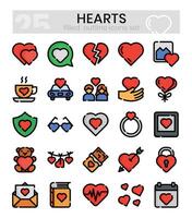 corações preenchidas esboço ícones conjunto . ilustração vetor