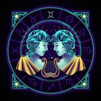 Gêmeos zodíaco placa representado de dois masculino jovens. néon horóscopo símbolo dentro círculo com de outros astrologia sinais conjuntos em volta. vetor