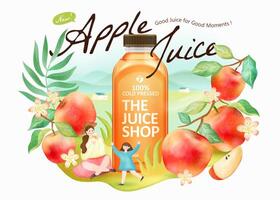 fresco maçã suco de Anúncios dentro 3d ilustração, realista garrafa com aguarela fruta e pessoas vetor