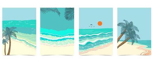 de praia fundo com mar, areia, céu.ilustração para a4 página Projeto vetor