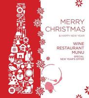 feliz ano novo e feliz Natal restaurante menu cartão cartaz design com garrafa de champanhe plana com ícone de Natal e lugar para sua mensagem de texto. vetor