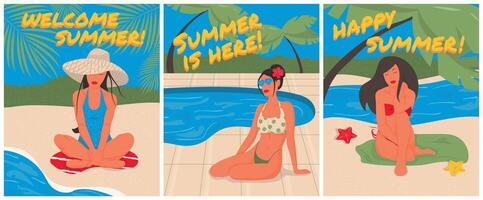 lindo meninas relaxante em verão período de férias. à beira-mar, Palma, estrela do Mar. bandeira, poster, cartão. ilustração vetor