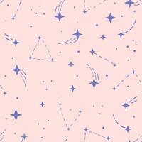 Rosa e azul tiroteio Estrela galáxia padrão, repetir fundo com estrelas e constelações, recorrente telha vetor