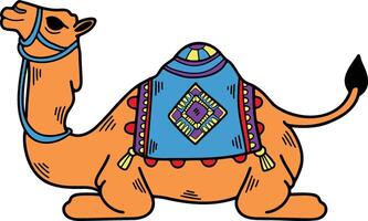 uma camelo com uma colorida cobertor em Está costas vetor