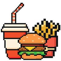 velozes Comida pixeled arte Hamburger, francês fritas, e uma bebida. na moda retro pixel arte Projeto estilo. anos 80-90, digital vintage jogos estilo. vintage jogos ativos 8 bits sprite. vetor