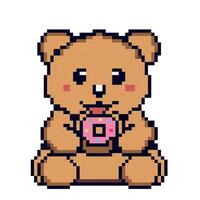 pixeled desenho animado Urso com rosquinha ícone. pixel arte Projeto isolado em azul fundo, anos 80-90, digital vintage jogos estilo. Projeto para têxtil imprimir, cobrir modelo, bordado, adesivo, cartão vetor