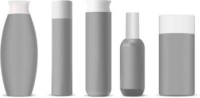 Cosmético garrafas brincar pacote. conjunto do moderno forma Cosmético produtos embalagem containers para diferente produtos. 3d ilustração. vetor