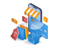 conectados compras e comércio mercado infográfico plano isométrico 3d ilustração vetor