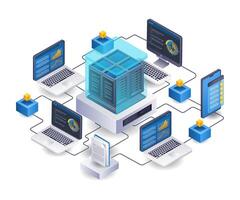 computador rede servidor infográfico 3d ilustração plano isométrico vetor