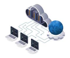 computador rede programador nuvem servidor tecnologia analista infográfico 3d ilustração plano isométrico vetor