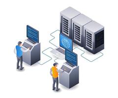 desenvolvedor nuvem servidor hospedagem tecnologia infográfico 3d ilustração plano isométrico vetor