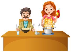Pai e mãe tendo refeição na mesa vetor