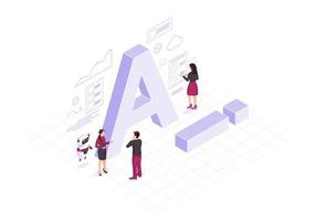 ilustração em vetor cor isométrica ai. infográfico de inteligência artificial. cliente usa bot de bate-papo. assistência do site. teacherbot. marketing futuro. suporte técnico. página da web, conceito 3D de aplicativo móvel