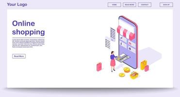 modelo de vetor de página da web de app de compras online com ilustração isométrica. design da interface do site. conceito 3d de aplicativo de smartphone de compras. infográfico de pagamento online. página da web, design de aplicativo móvel