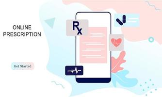 página inicial de documento digital de prescrição médica on-line ou relatório de resultados de teste on-line na tela do computador móvel. conceito de farmácia, drogaria, diagnóstico, hospital. ilustração vetorial plana. vetor