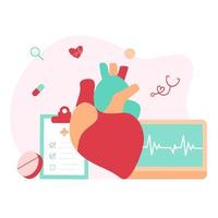 medicação cardíaca moderna, conceito de pesquisa de doenças cardíacas. cardiologista estudando o diagrama de modelo, drogas e batimento cardíaco de grande coração. ilustração vetorial sistema cardiovascular, cardiologia, exame médico. vetor