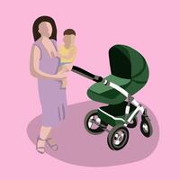 ilustração do uma mãe com uma bebê em uma andar. transportando uma bebê. bebê em a caminho. bebê transporte vetor
