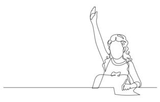 contínuo linha desenhando do escola menina levantando mão ilustração vetor
