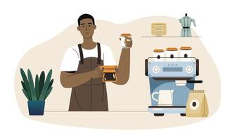 barista com equipamento, café criador trabalho às trabalhos vetor