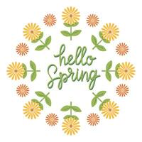 mão desenhado letras Olá Primavera cartão com decorativo floral quadro, ilustração para cumprimento cartão, convite modelo. retrô, vintage letras bandeira, poster, fundo. vetor