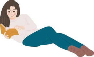 deitado baixa relaxar mulher aluna lendo livro personagem ilustração gráfico desenho animado arte vetor