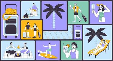 verão período de férias bento rede ilustração definir. piquenique casal, acampamento, aeroporto partida, surfista 2d imagem colagem Projeto gráficos coleção. horário de verão Viajantes plano personagens moodboard disposição vetor