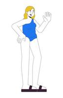 bonita mais tamanho mulher dentro roupa de banho 2d linear desenho animado personagem. amigáveis cheio de curvas caucasiano fêmea isolado linha pessoa branco fundo. de praia corpo positivo cor plano local ilustração vetor