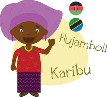 ilustração do desenho animado personagem dizendo Olá e bem-vinda dentro suaíli vetor