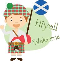 ilustração do desenho animado personagem dizendo Olá e bem-vinda dentro escocês vetor