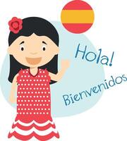 ilustração do desenho animado personagens dizendo Olá e bem-vinda dentro espanhol vetor