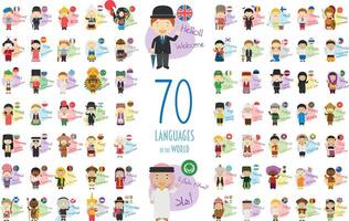 ilustração do desenho animado personagens dizendo Olá e bem-vinda dentro 70 diferente línguas do a mundo vetor