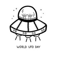 mundo UFO dia esboço mão desenhado ilustração dentro desenho animado estilo. minimalista tinta gráfico com nave espacial, estrangeiro e estrelas em isolado fundo para cartão, parabéns, imprimir, papel, poster, placa vetor