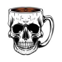 crânio com café caneca ilustração Preto e branco em branco fundo vetor