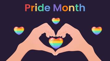 orgulho mês rede bandeira com arco Iris coração dentro mão vetor