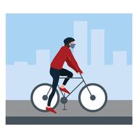 homem equitação a bicicleta e vestindo mascarar às rua - plano desenho animado estilo vetor