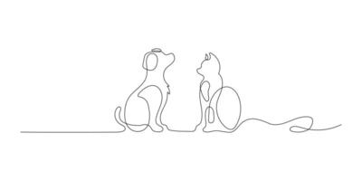 fofa cachorro e gato olhando às cada outro, animal conectados contínuo mão desenhado objetos. fofa animais de estimação 1 linha arte. ilustração vetor