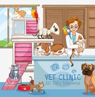 Médico veterinário com gatos e cães na clínica vetor