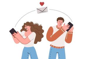 conectados namoro através Móvel inscrição em telefones do homem e mulher conversando e paquera através da SMS vetor