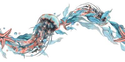 medusa, algas marinhas dentro a forma do uma onda com estrelas do mar e água bolhas. aguarela ilustração mão desenhado dentro turquesa e coral cores. desatado fronteira, padronizar isolado a partir de a fundo vetor