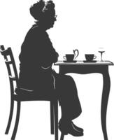 silhueta idosos mulher sentado às uma mesa dentro a cafeteria vetor