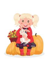 uma menina com um coelho nos braços senta-se em abóboras. clima de outono, cores quentes. estilo simples dos desenhos animados. vida na fazenda vetor