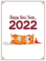 cartão de ano novo do feliz ano novo do tigre 2022. tigre chinês com um chapéu de ano novo embrulhado em uma guirlanda deita e dorme. estilo cartoon plana vetor