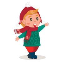 um garotinho de desenho animado com um chapéu de Natal, cachecol e suéter quente caminha e acena com a mão. isolado em fundo branco vetor