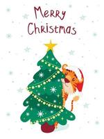 cartão com a inscrição feliz Natal com um tigre fofo, o símbolo do ano novo chinês. estilo simples. um tigre com um chapéu de natal se esconde atrás de uma árvore de natal e olha para fora vetor