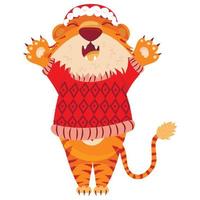bonito dos desenhos animados listrado tigre vermelho. um tigre com um chapéu e um suéter de Natal se alegra com as patas para cima. impressão de t-shirts, cartões, cartazes para crianças. mão desenhada ilustração vetorial isolada no branco. vetor