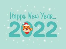 cartão com a inscrição feliz ano novo 2022 com um tigre fofo, o símbolo do ano novo chinês. estilo simples. Tigre com chapéu de Papai Noel acenando com a mão vetor